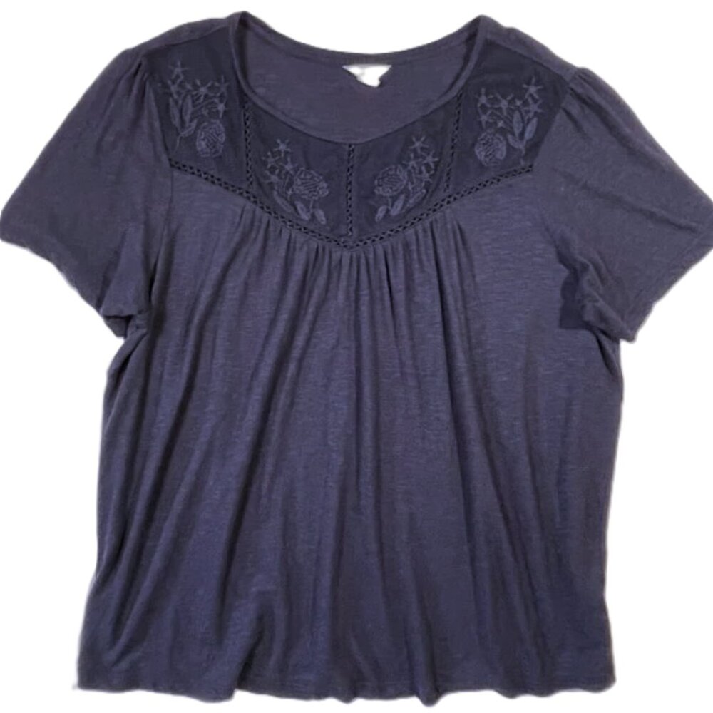 Caslon Embroidered Yoke Slub Jersey Knit Tee Navy Crew Neck Size XL - Picture 5 of 10